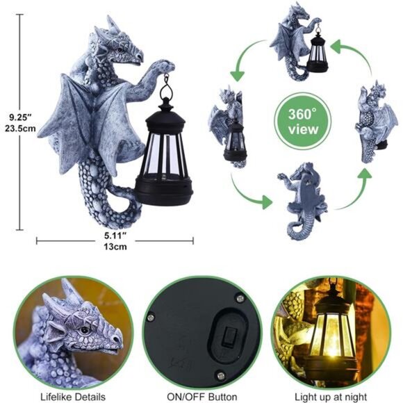 Dragon Tree Hugger with Solar Lantern 9.3 Inch Resin Dragon Statue for Garden - Picture 2 of 7